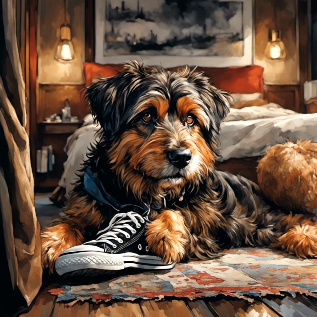 Scruffy dog, chewing on a man's sneaker 03