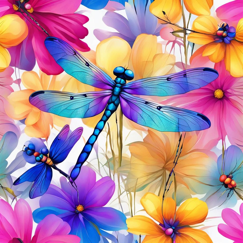 beautiful colorful dragonfly with bright flowers, vivid pink...