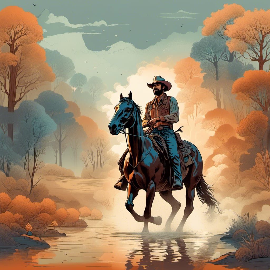 A misty hazy nebulous line art style, a smoky quality infused throughout the image, a cowboy riding the dusty trail with his trusty horse, c...