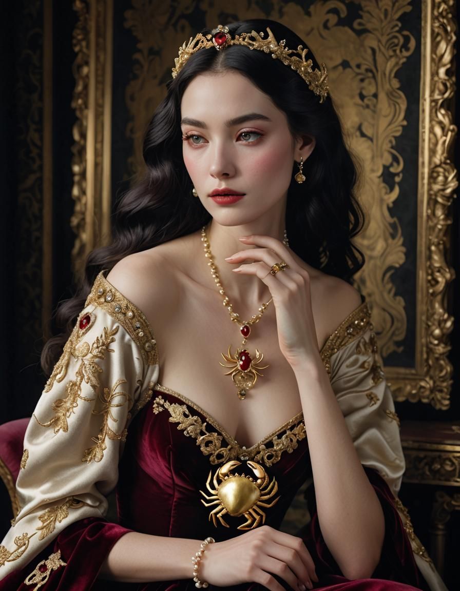 Young woman wearing a brooch in the shape of a crab