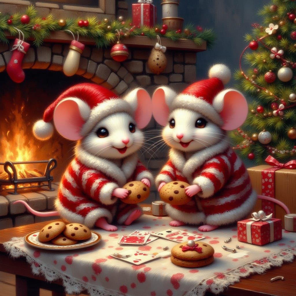 <lora:Mim:1.0> Create an image of two mice dressed in red and white striped pajamas and detailed Santa Claus hats. The mice are under a full...