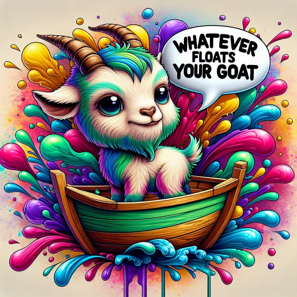 Colourful Whimsical chibi  "Whatever floats your goat" splash art ...  by @HarrietM