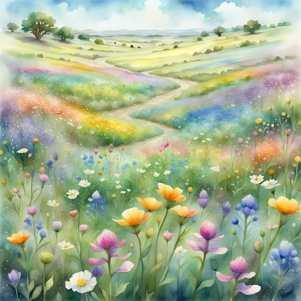 Ethereal Texas Wildflower Field in Watercolor Style