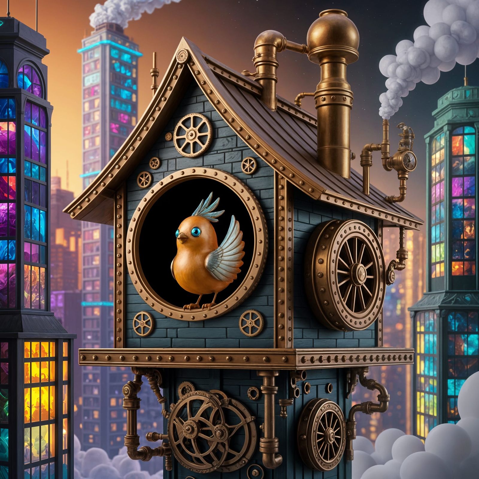 Steampunk Birdhouse Atop Skyscraper in Neon City  by @Mumbai AI