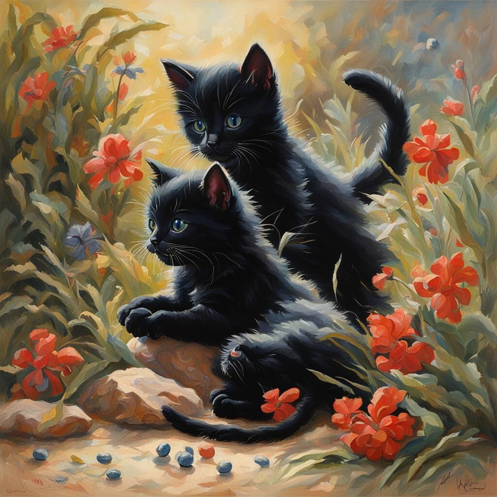 Black kittens playing..after Charles Verneau  by @mementoMinnie