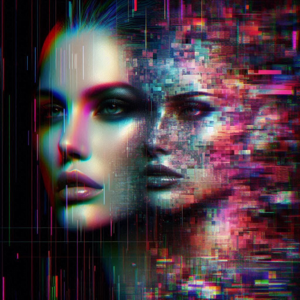„Digitale Fragmente im Wandel der Identität – verzerrte Schönheit zwischen Pixelrauschen und visueller Rebellion“