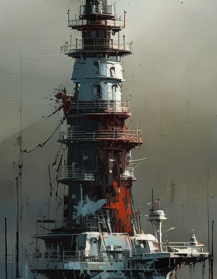 Lighthouse, textured Speedpaint with large rough brush strokes and paint splatter by Jeremy Mann, Carne Griffiths, Junji Ito, Robert Oxley,...