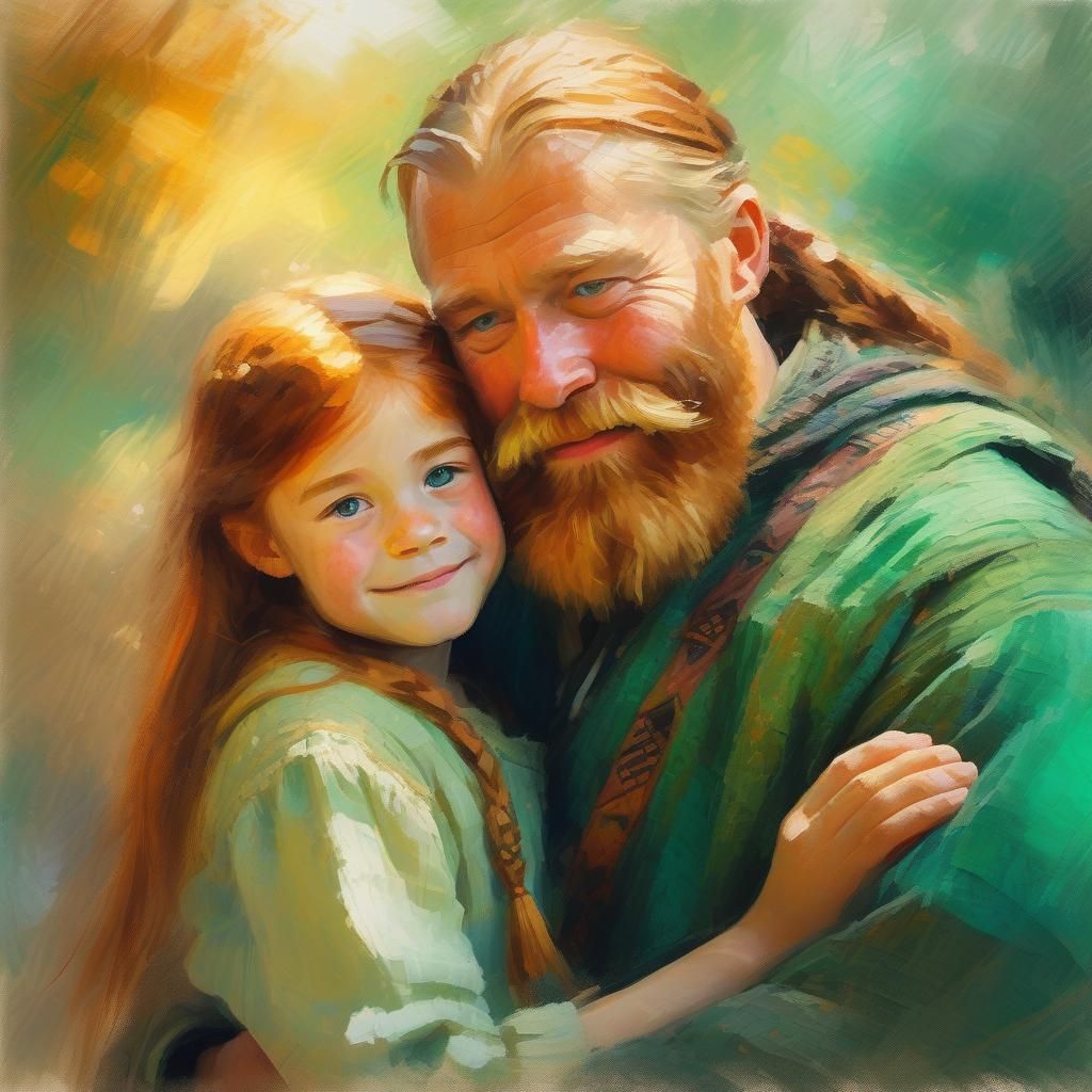 Norse Father Hugs Red-Haired Daughter in Warm Impressionist...