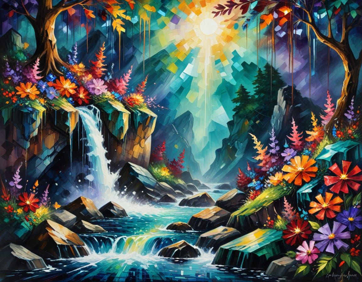 Impressive view of a cascade of  sparkling sapphire waters falling over emerald colored mossy rocks enhanced ...  by @MarthaIG