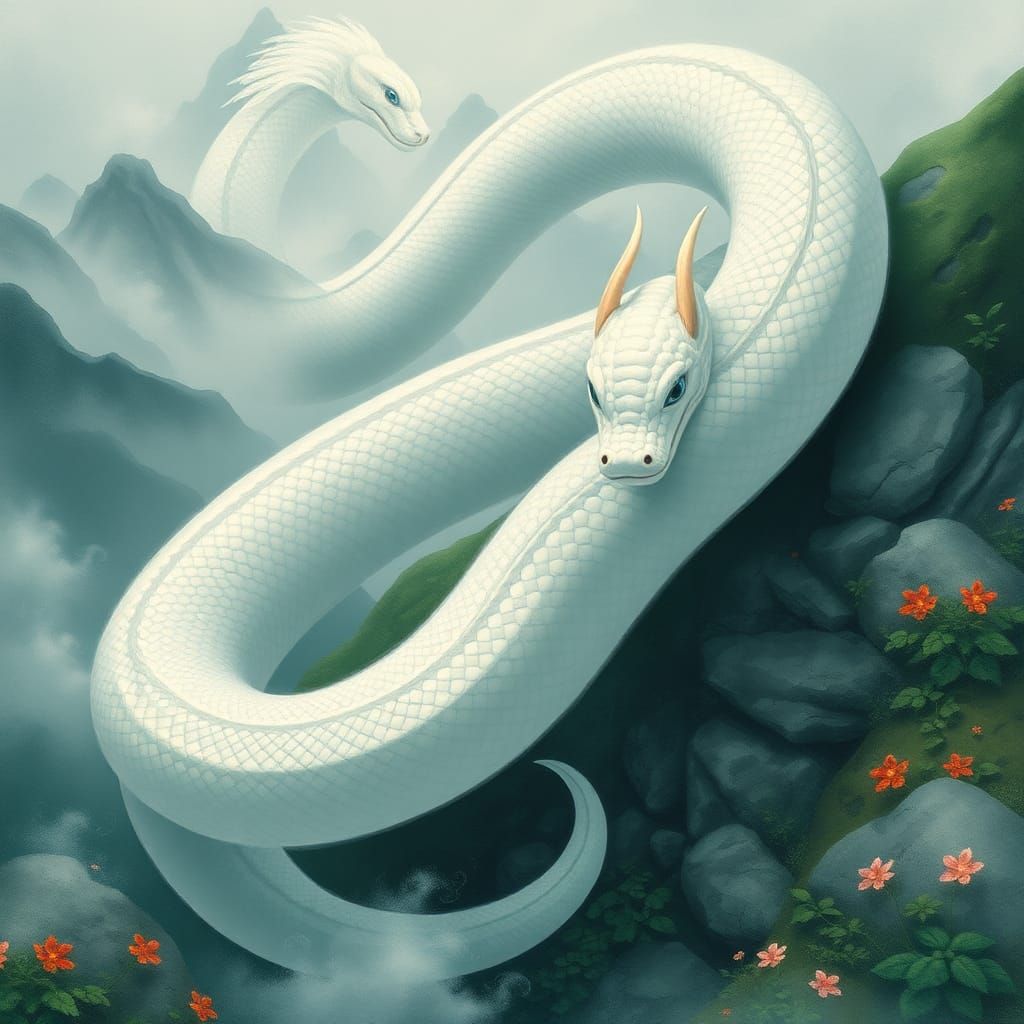 White Snake in Mystical Landscape, Digital Art