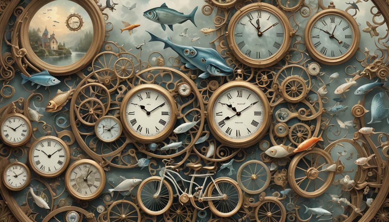 A surreal digital collage of everyday objects like a clock, ...
