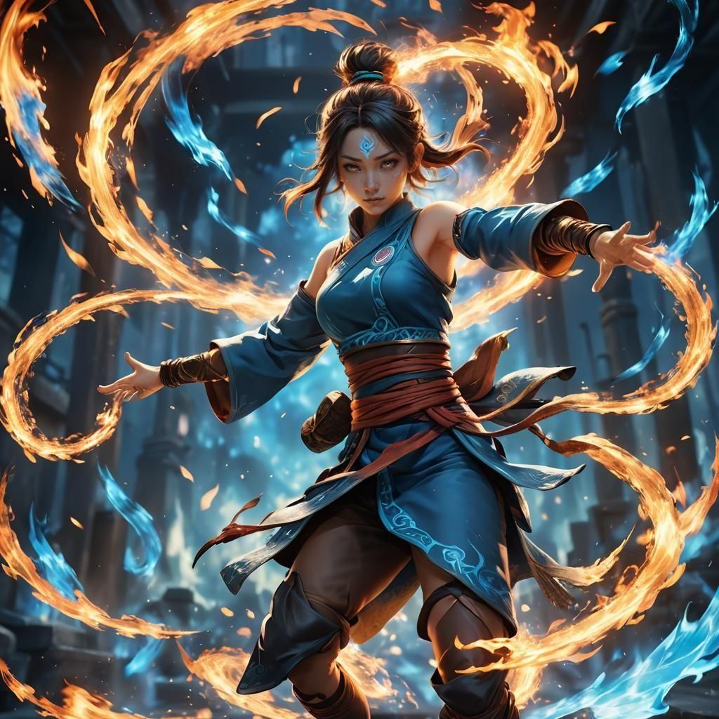 a beautiful fire bender girl in violent fire