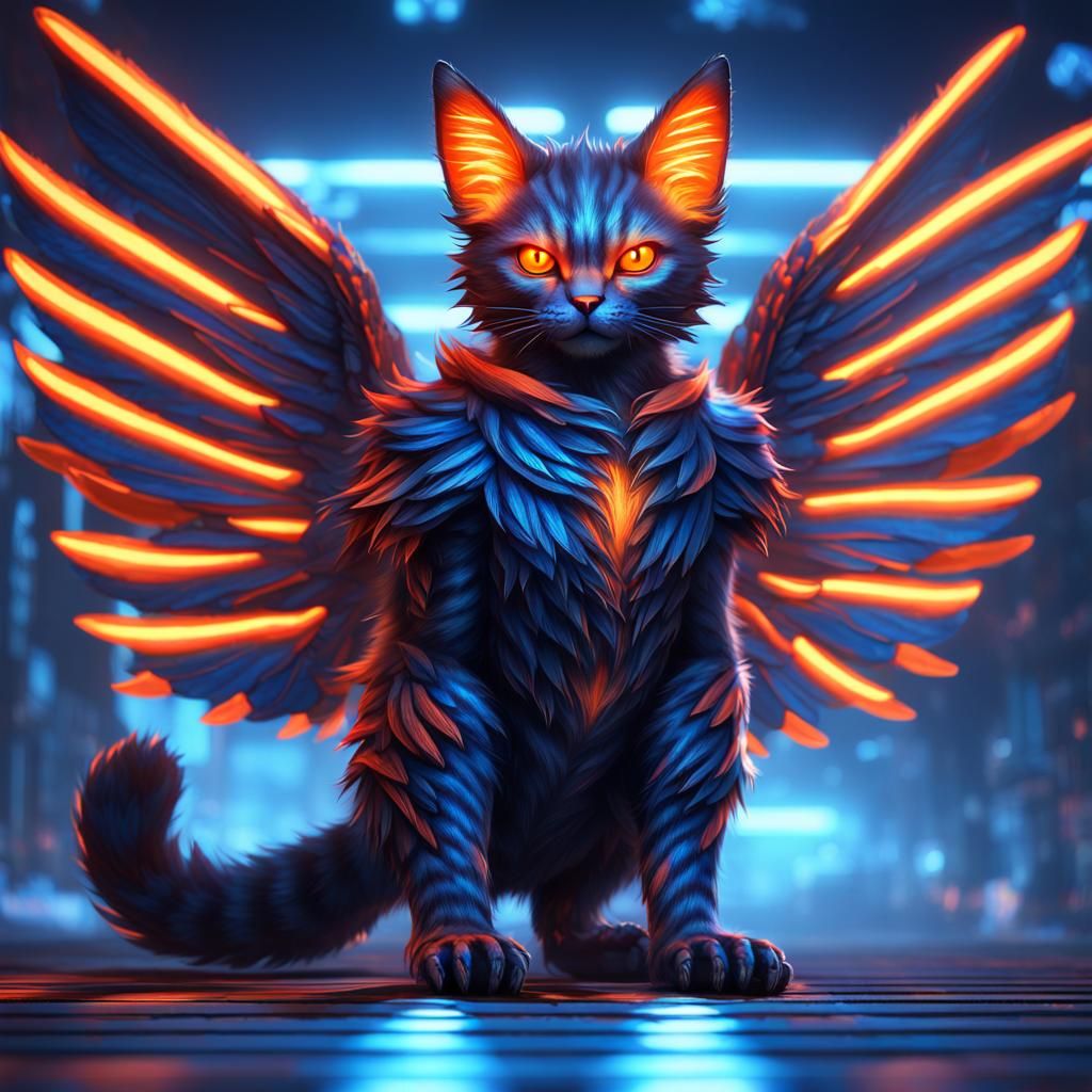 (neon orange on dark blue striped) bipedal humanoid cat boy ...