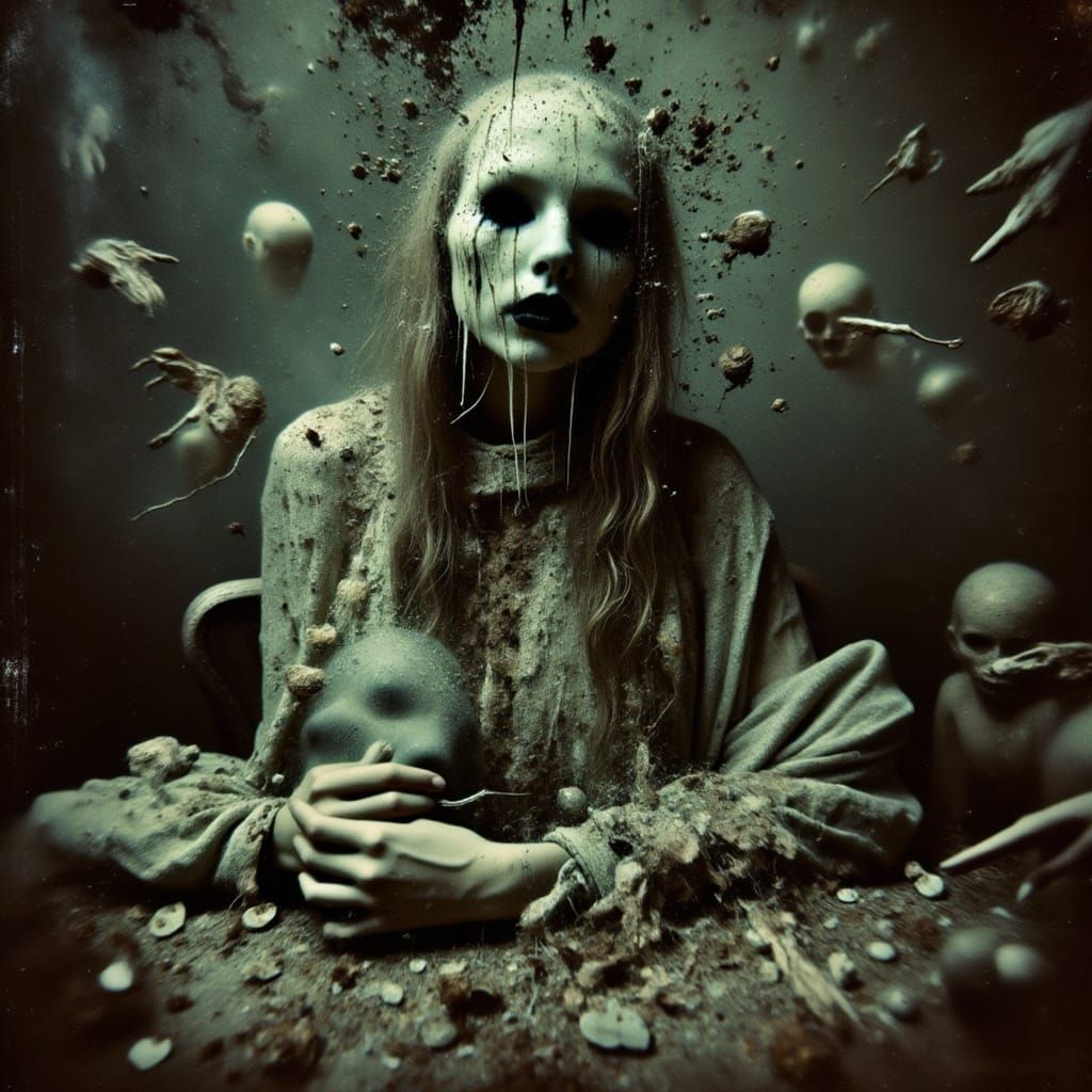 <lora:Abyss:1.0>impasto oil sinister despair demon abomination rococo decay organic portrait on a patinaed surface exploding into crystal li...