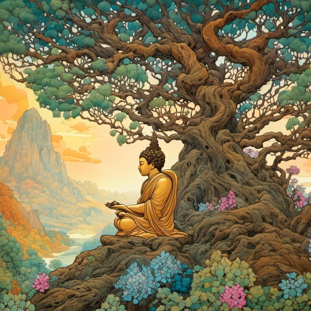 Peaceful Buddha under Flowering Tree, Cel-Shaded Dreamscape
