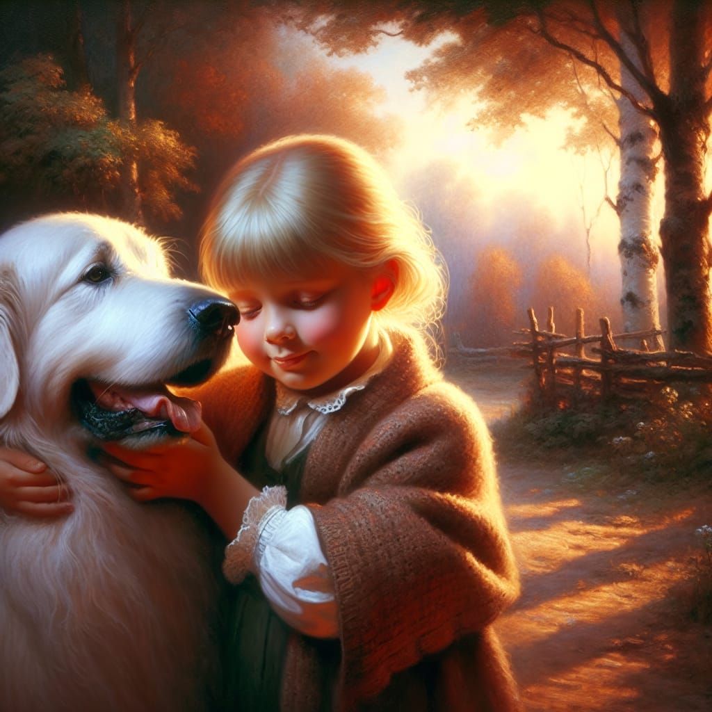 A little blonde girl hugging a large dog. She is looking at the dog.  A painting In the style of Thomas Kincade.