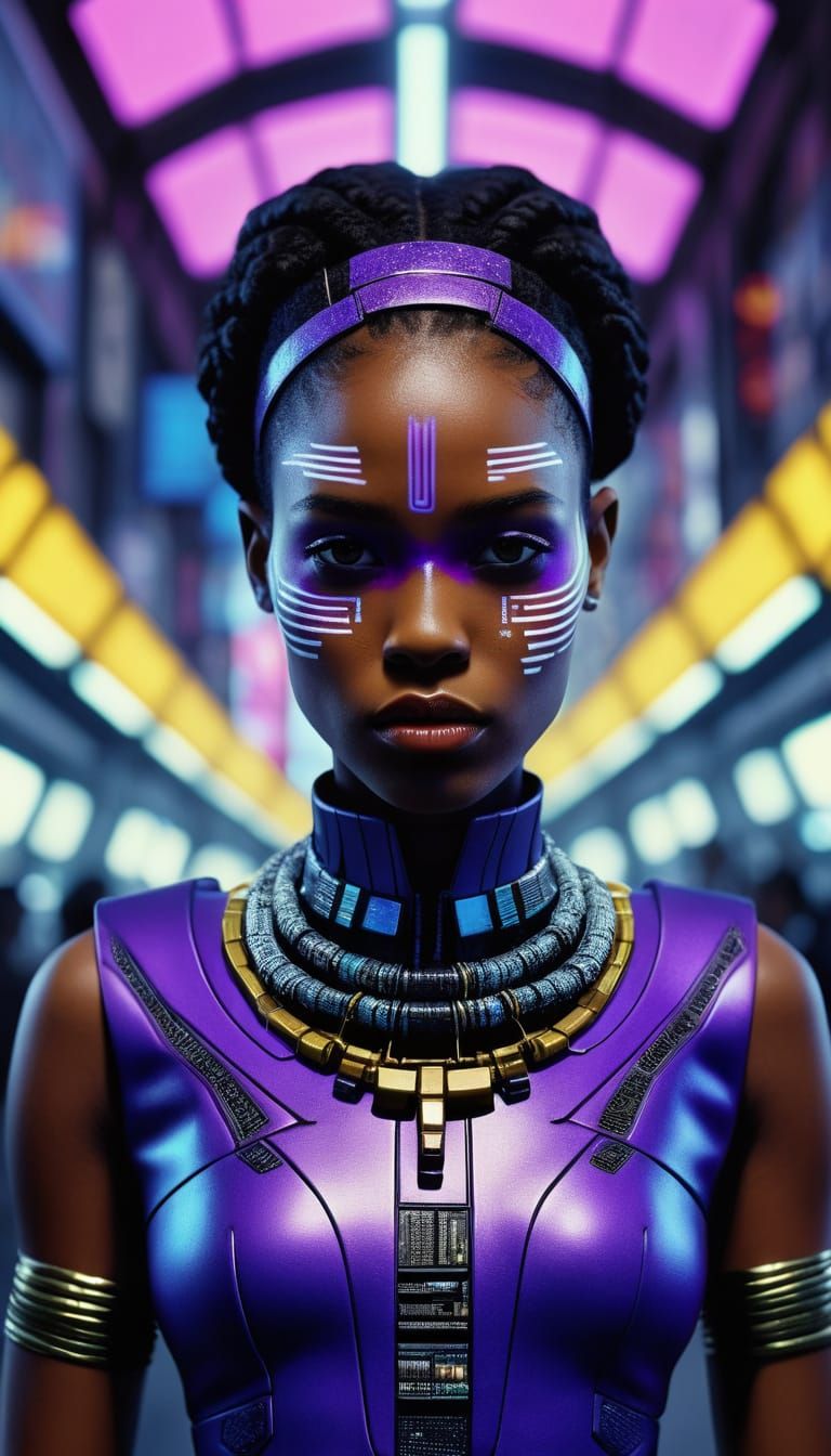 Black model commanding a floating runway in cyberpunk Johannesburg.