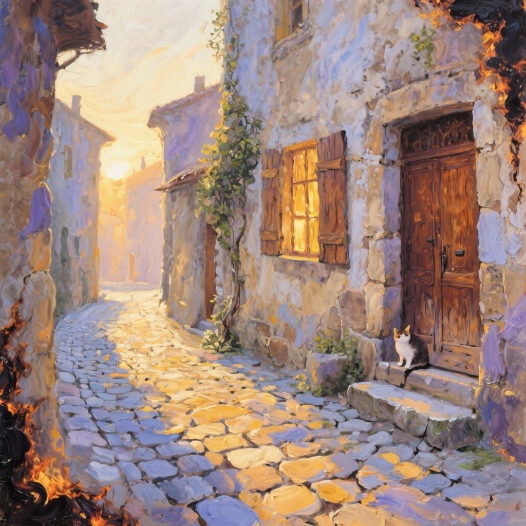 Impasto Painting of Ancient Cobblestone Alley at Dawn