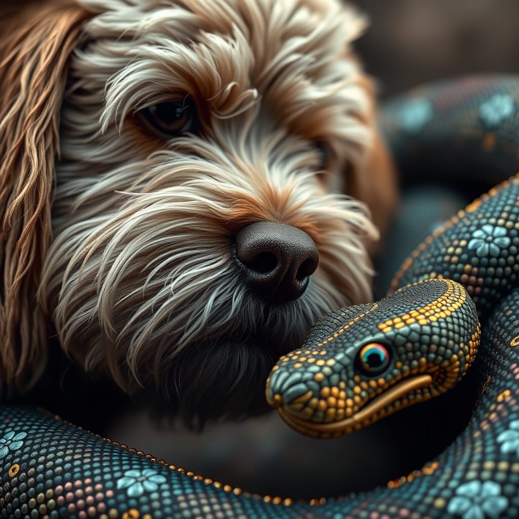 Surreal Hyper-Realistic Scene of a Labradoodle and a Cobra