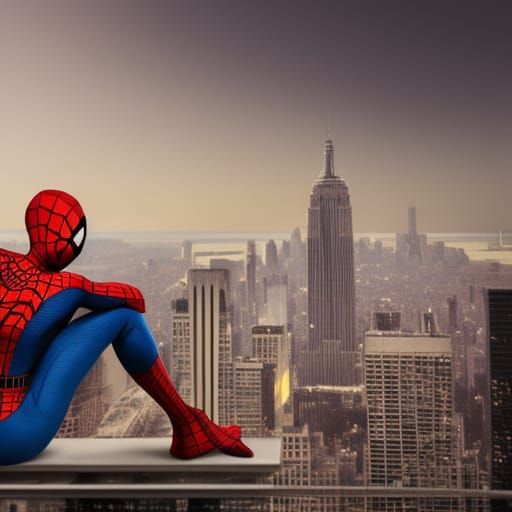 Spiderman sitting on building looking out at New York City skyline  realistic filmic lighting sunseat pretty detailed matte painting, deep  co... - AI Generated Artwork - NightCafe Creator