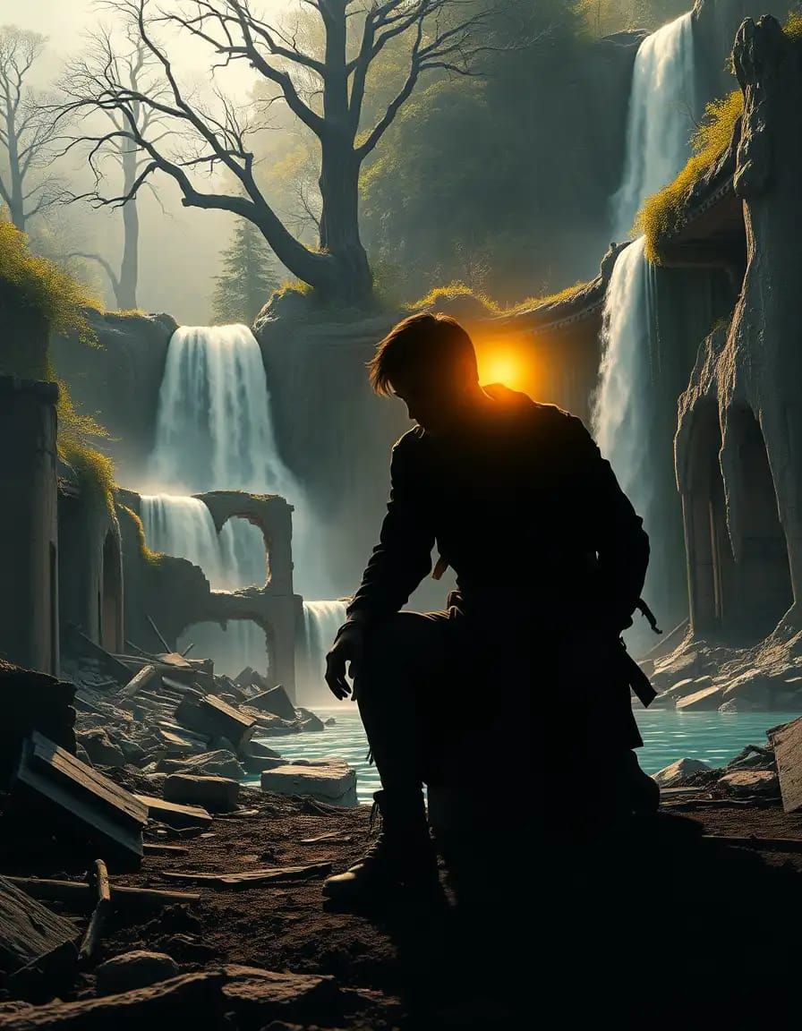 Caucasian adult figure kneeling