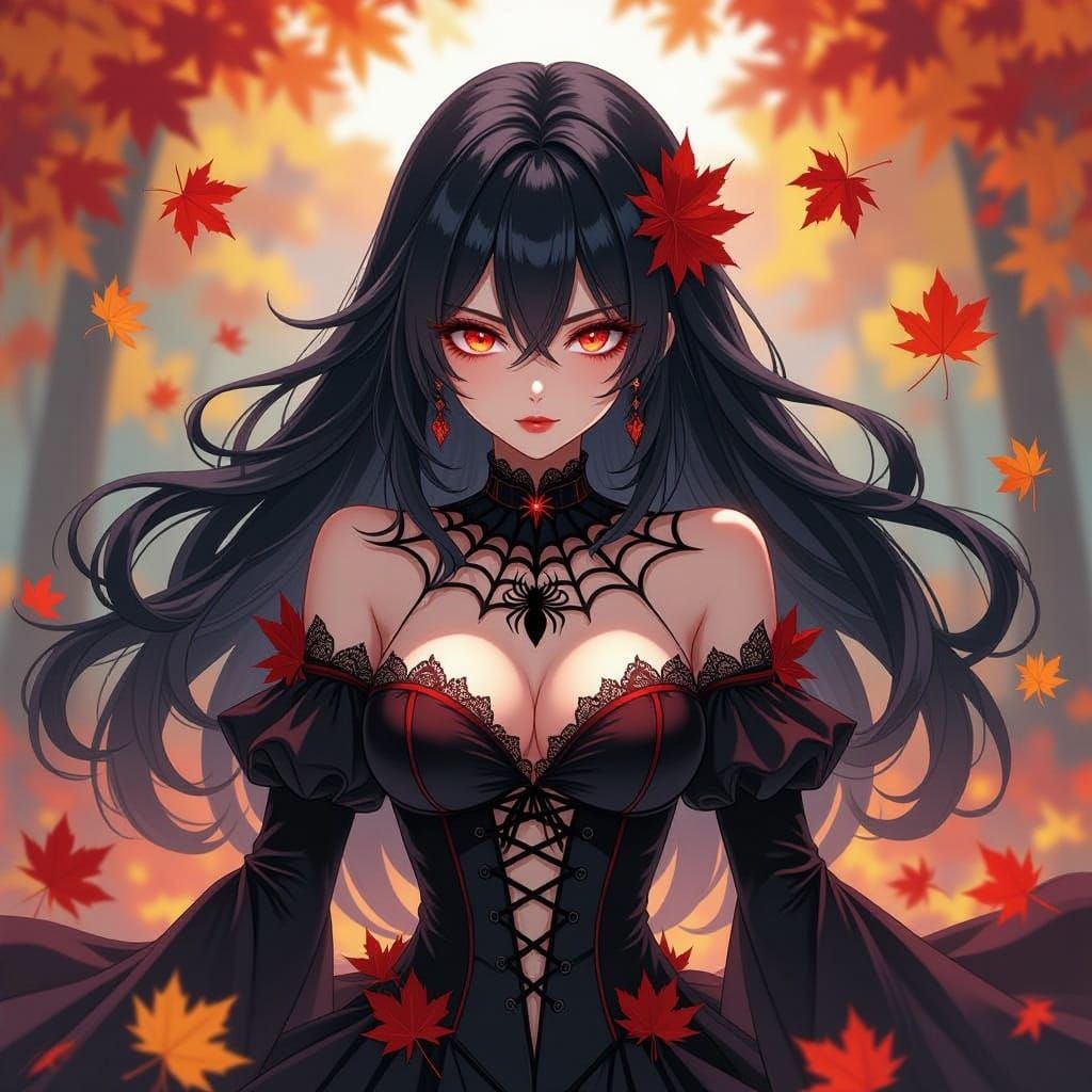 Anime Goddess in Spiderweb Costume with Glowing Eyes