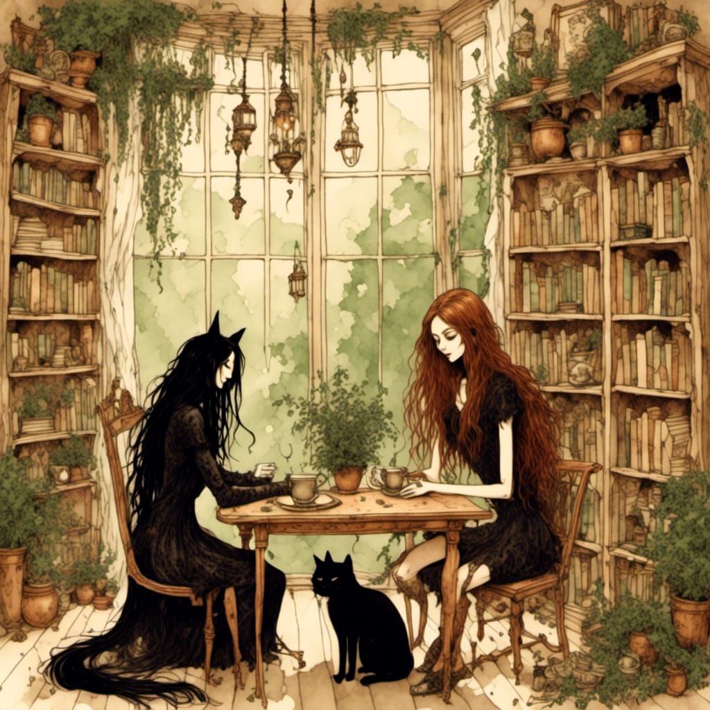 <lora:Witch:1.0> <lora:Other side of holy:1.0> Whimsical fantasy illustration. Medium shot. Witch sitting at a small table, sipping coffee,...