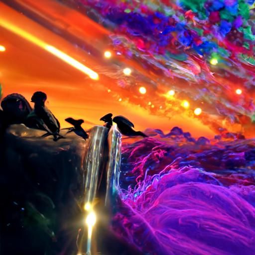 Galaxy sunrise ocean waterfall with birds