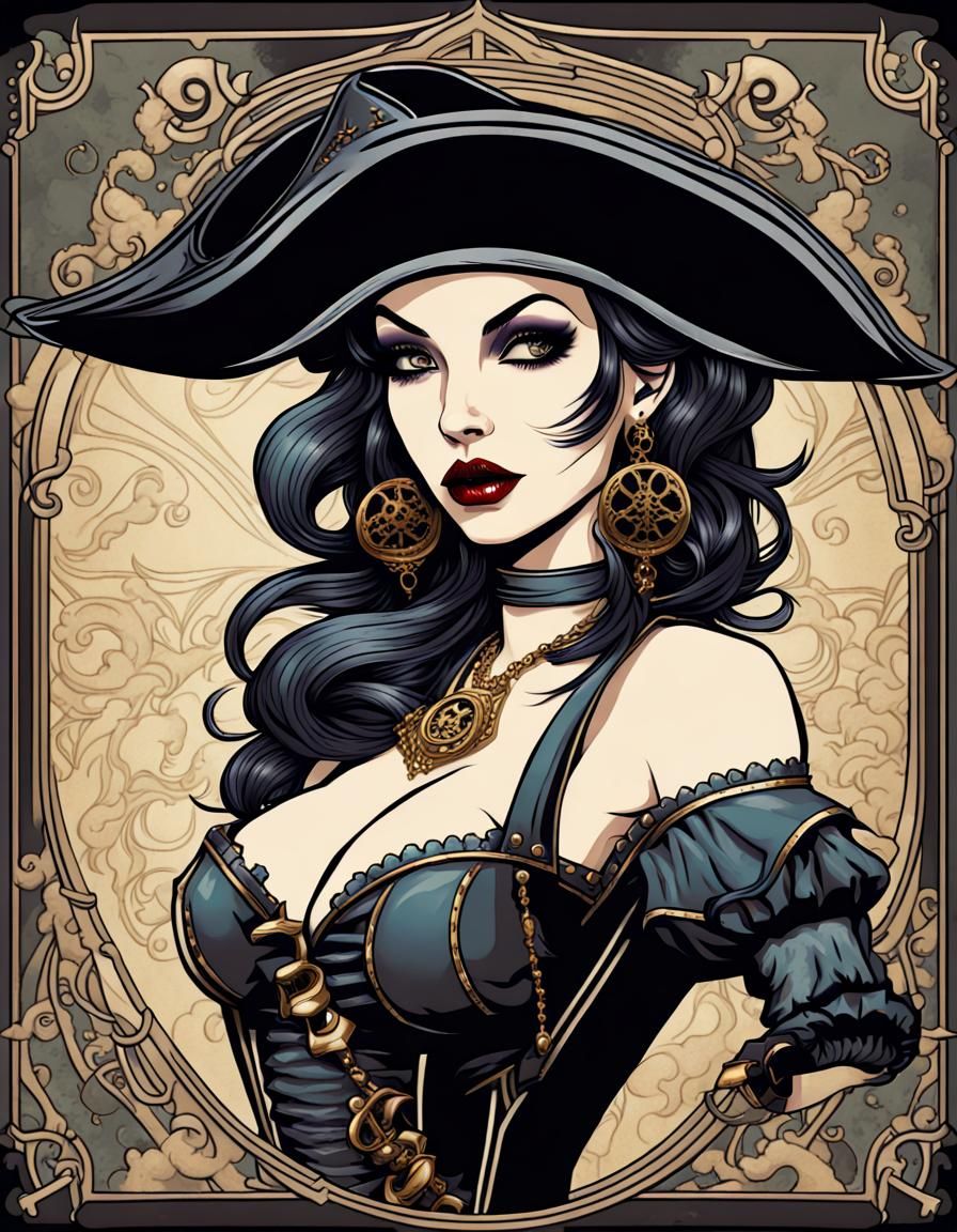 An ornate art deco gothic cute pin-up lady pirate drawn in t...