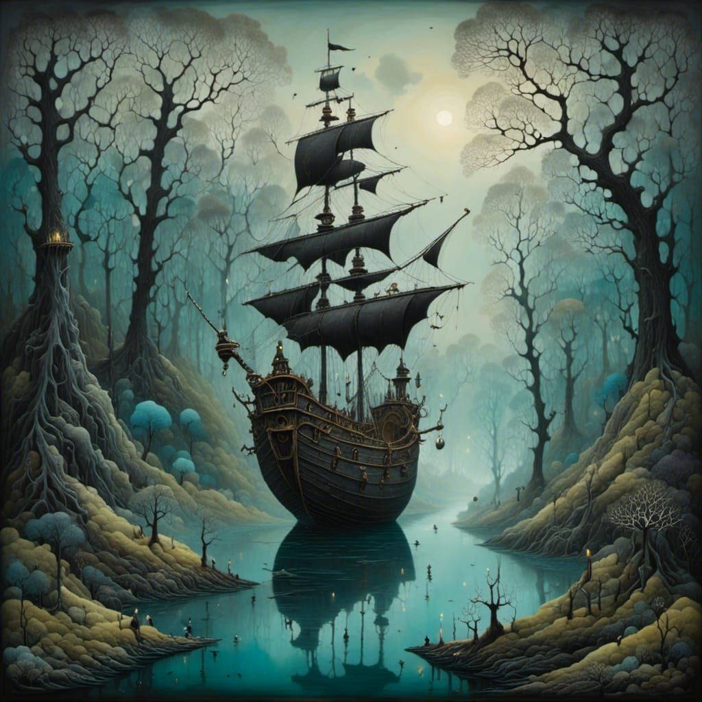 <lora:GrimKey:1.0> Winter forest, pirate ship floating along forest path, 