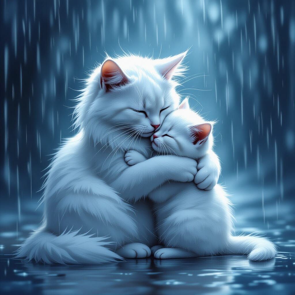 White Cat Hugs Kitten in Cold, Rainy Atmosphere