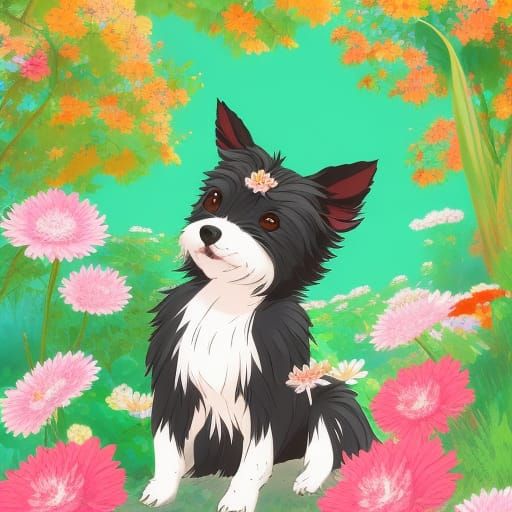 Make small dog behind the tree in the garden full of flowers...