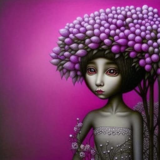 a drawing of girl in twigs artworks, peonies, in the style of naoto ...