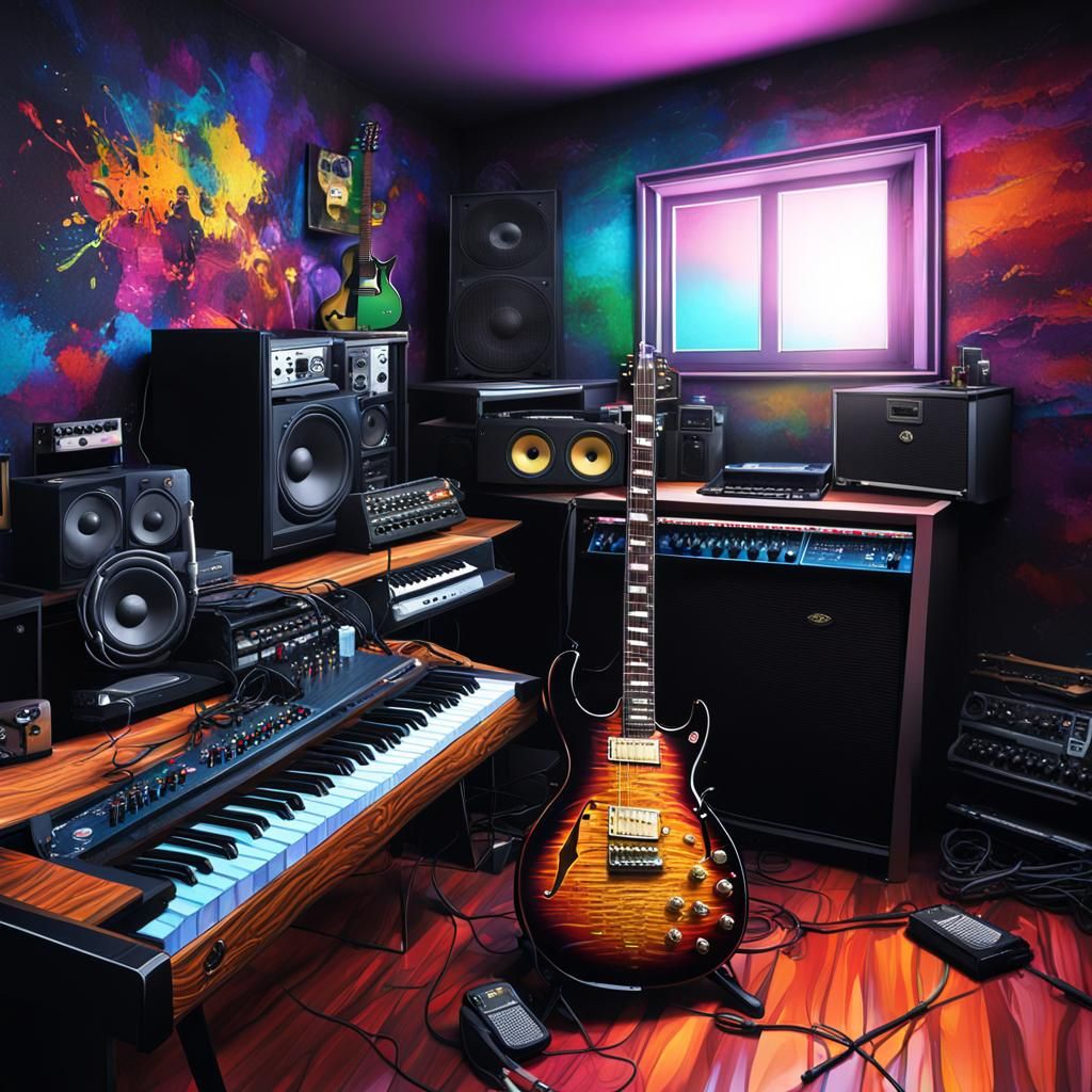 Music homestudio, Computer Screen on a Dark painted Wall, Ke...
