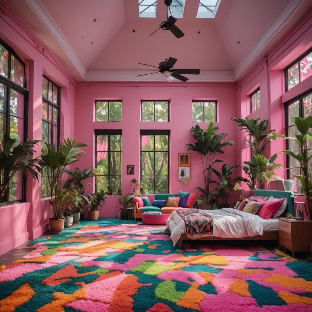 Vibrant 1980s Bedroom with Jungle View