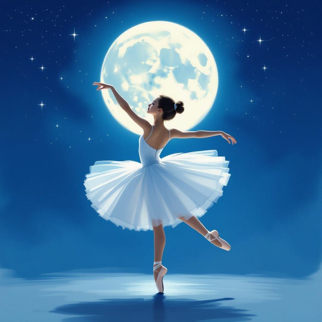 Young Girl Dancing Ballet Under Full Moon