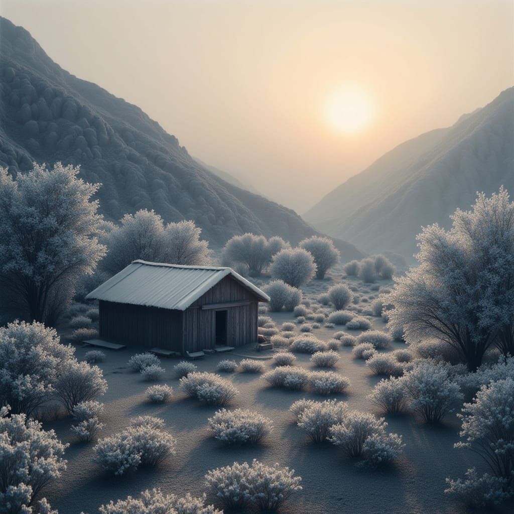 <lora:Blizzard:1.0> Digital Art : Early morning sun on mountain shack