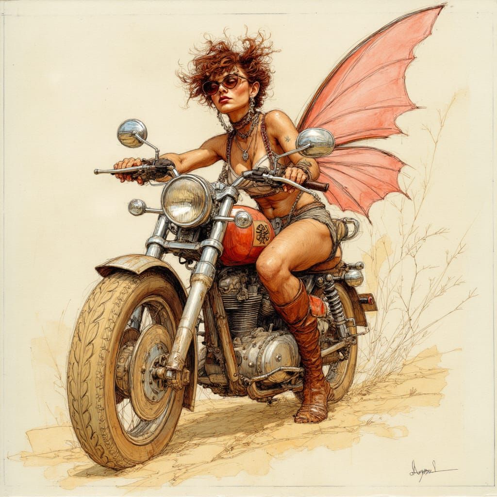 <lora:LSR - 1:1.0> Watercolour, neurographic alcohol inks, old lady pixie, looking calm and cool, riding a big motorcycle, wearing docs, atm...