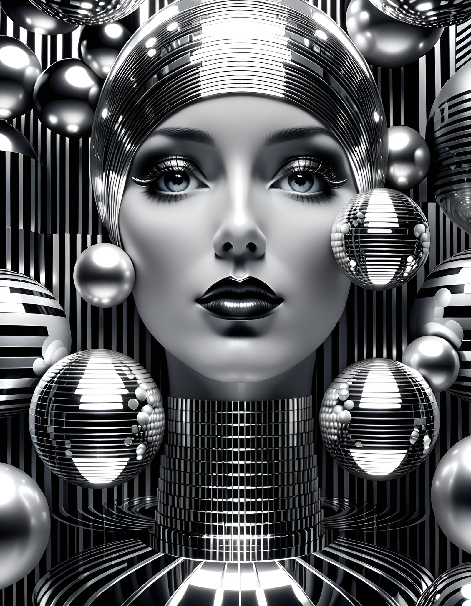 An art deco woman’s face emerging from op art silver reflective spheres Gustav Klimt 8k resolution concept art post-impr...
