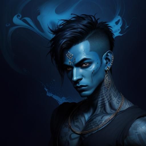 Krishna, modern ink, a charming boy, a cute boy with blue sk...