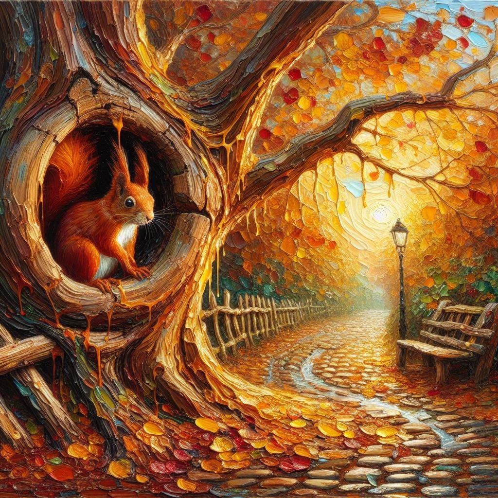 Red Squirrel in autumnal setting of yellows & browns