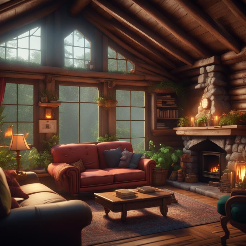 Inside an adorable cabin in the forest with a fireplace, sof...