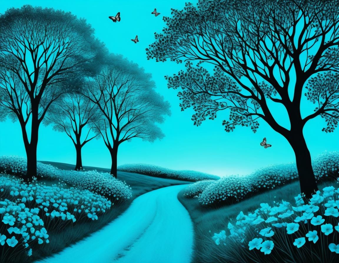 A photorealistic landscape consisting of trees, hills, flowers and butterflies only in shades of ((brilliant ...  by @Missysmom