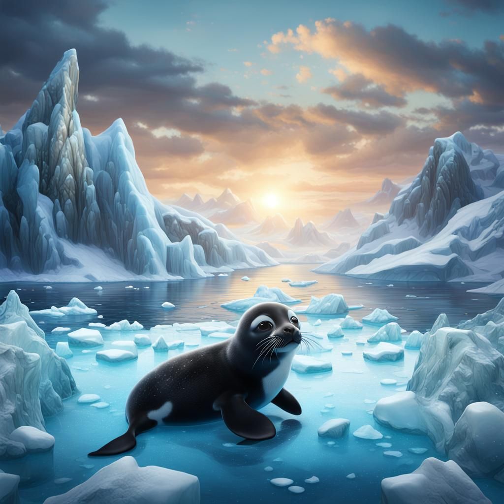 Baby seal with huge sad eyes resting on ice flow, baby orcas...