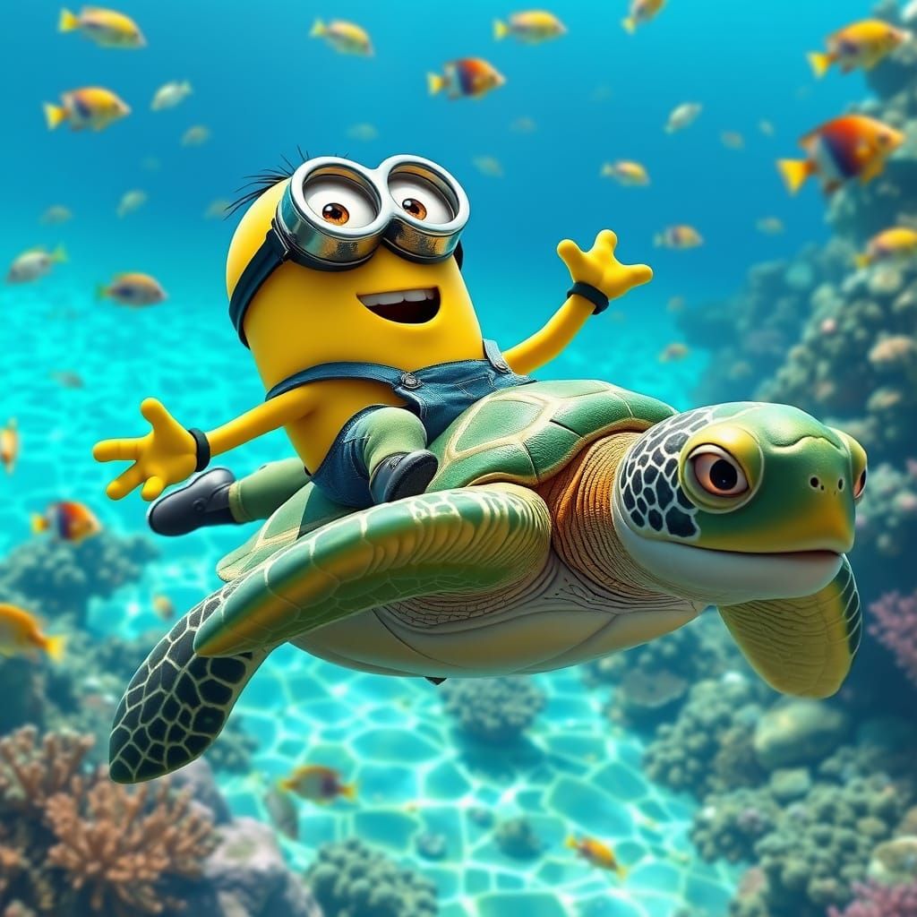 A Minion Riding on Crush the Turtle from Finding Nemo