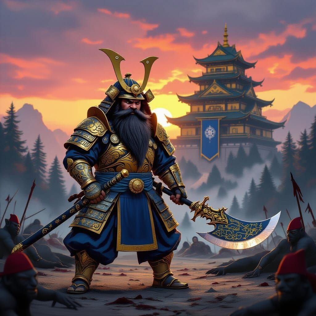 A small dwarven samurai of  far Rhun with with a very long black beard ,wearing gold dragon themed samurai armor and helmet with wings and y...