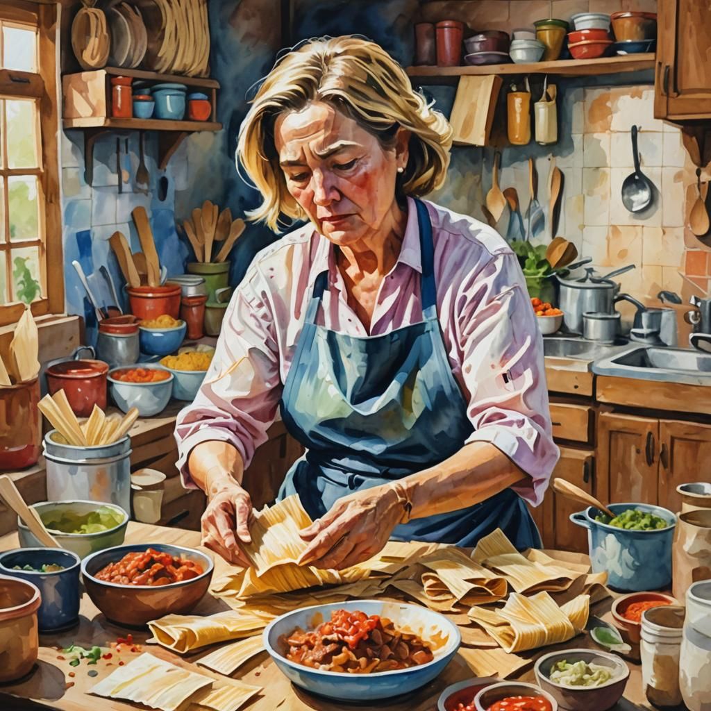White woman struggling to make homemade tamales   by @Joy