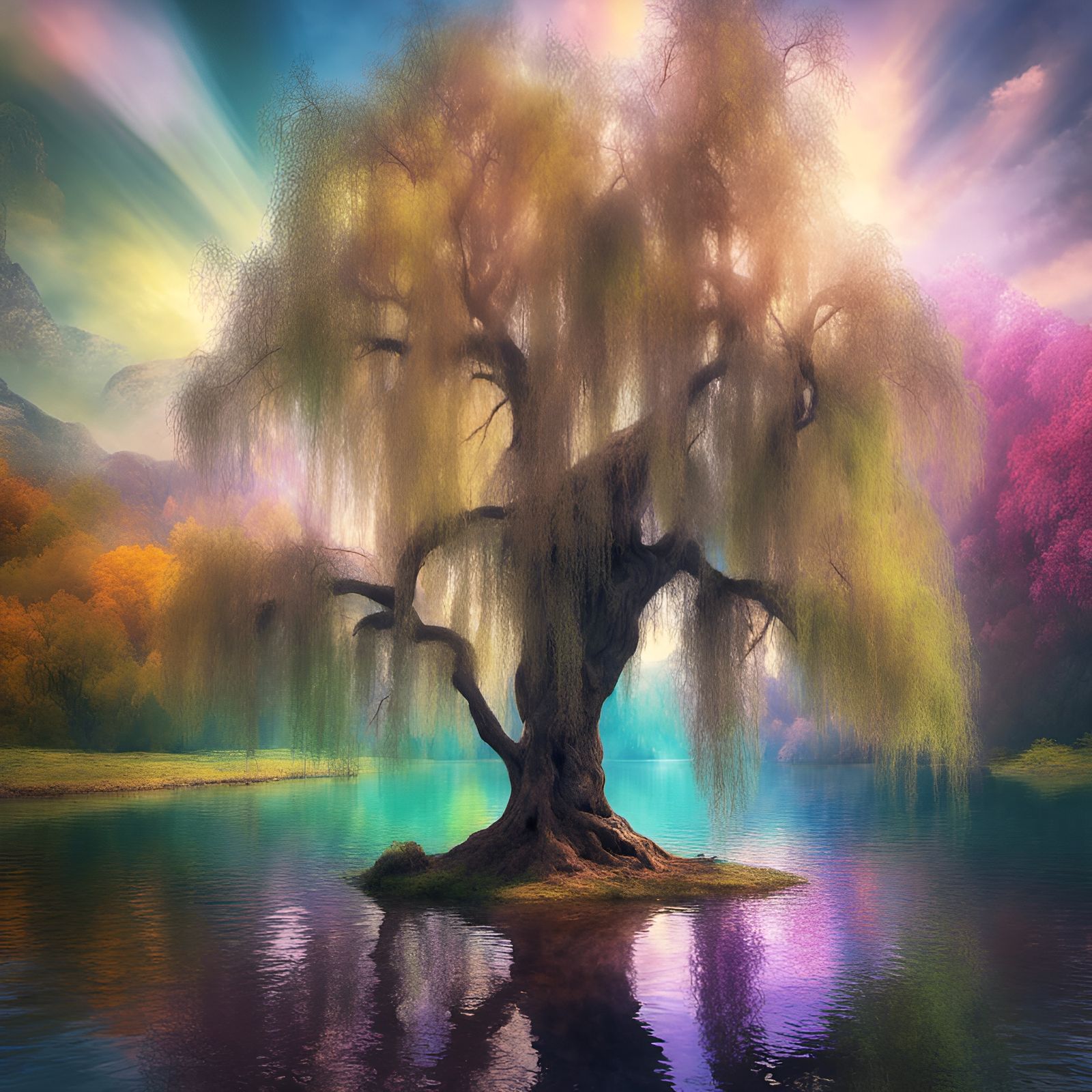 weeping willow tree, enchanted forest, deep water lake, vibrant colors ...