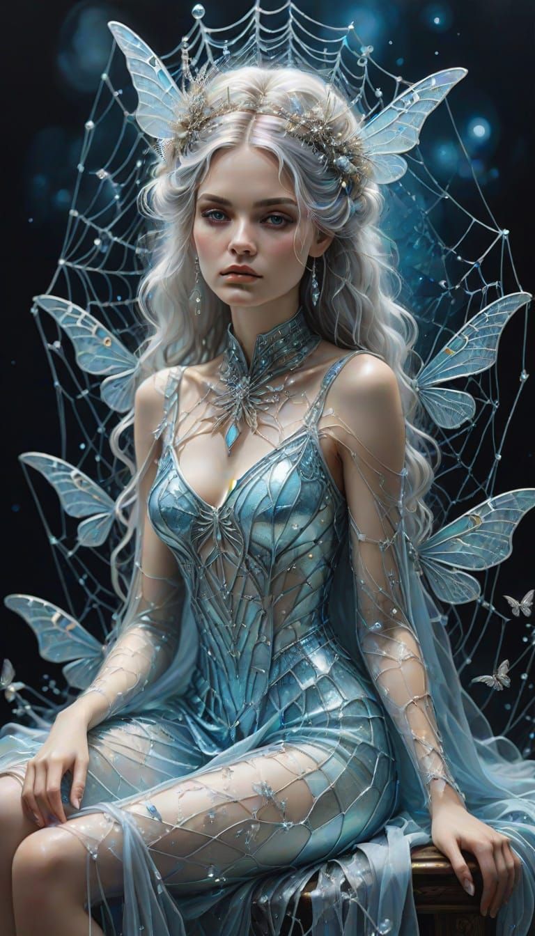 Ethereal Model in Crystallized Spider Webs, Alcohol Ink Art