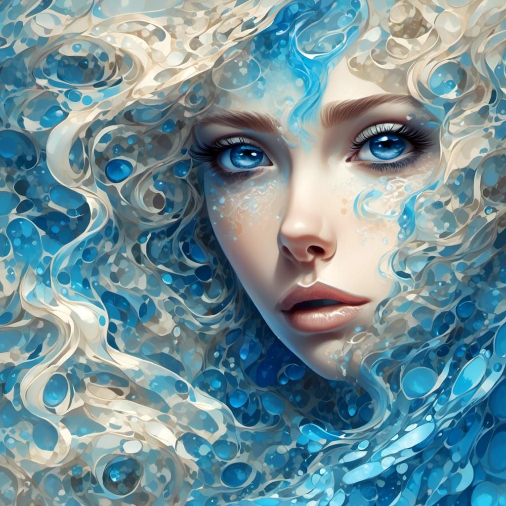 Sad Woman with Blue Tears in Abstract Liquid
